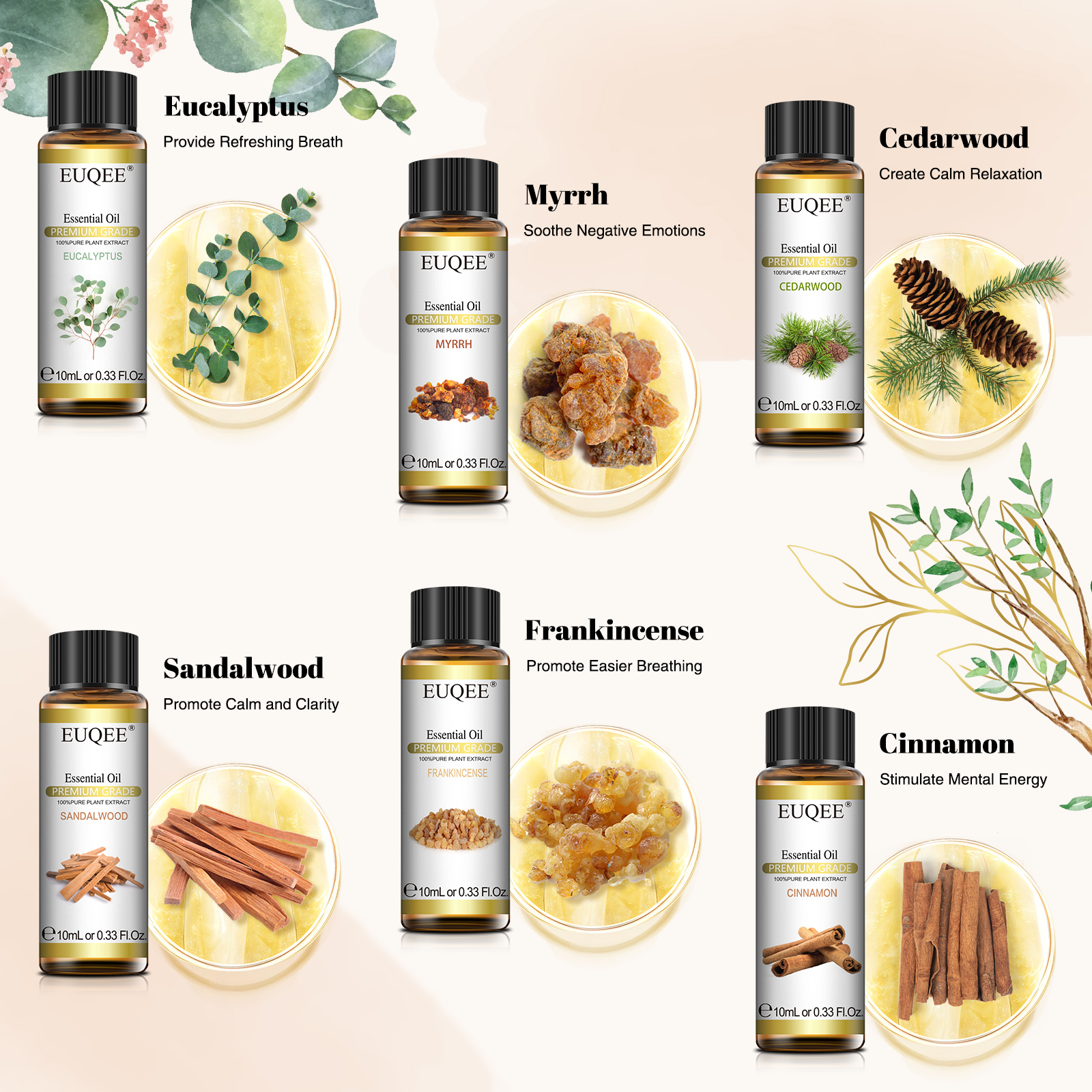EUQEE 6 Bottles Woody Series E - огляд і ціна Home Fragrance Eucalyptus